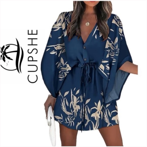 Cupshe Casual V Neck Blue & Tan Floral Dress - Picture 1 of 5